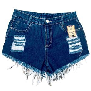 New Hocchi Brazil Jean Shorts High Rise Women’s 8 Raw Hem Distressed Denim Blue